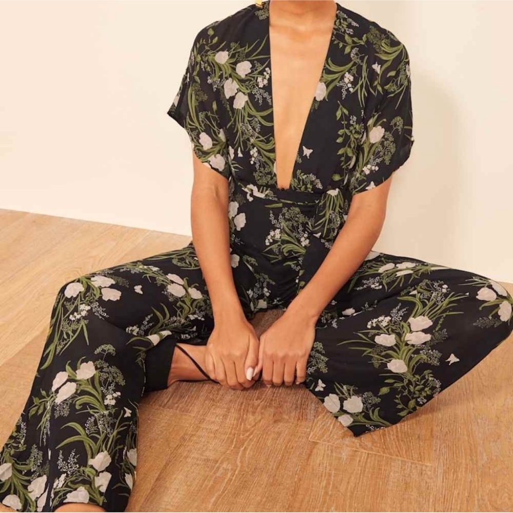 Reformation Lemongrass Jumpsuit Isabella Floral Plunge Black White